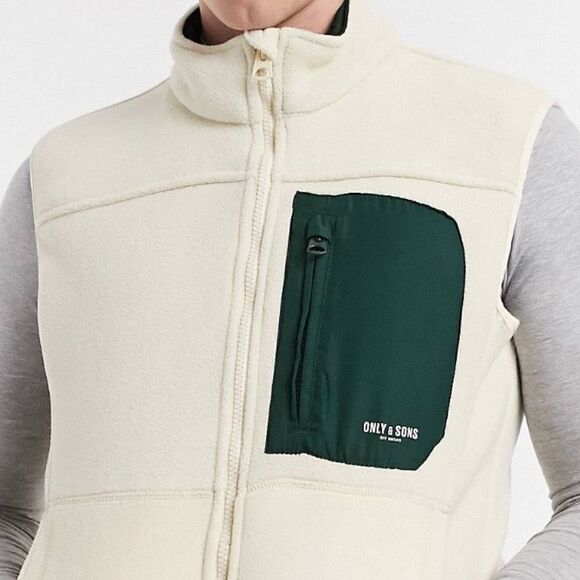 ONLY & SONS Cream And Green Fleece Zip Up Jacket Vest Size Medium NWT - Picture 2 of 4
